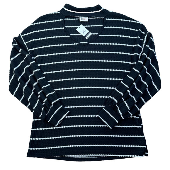 Bibi Striped Waffle Knit Pullover Sweater Women's Large Mock Neck Cut Out New - Picture 1 of 8